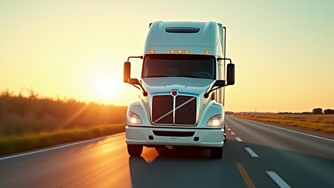 A modern high-tech logistics truck moving through Oklahoma at night