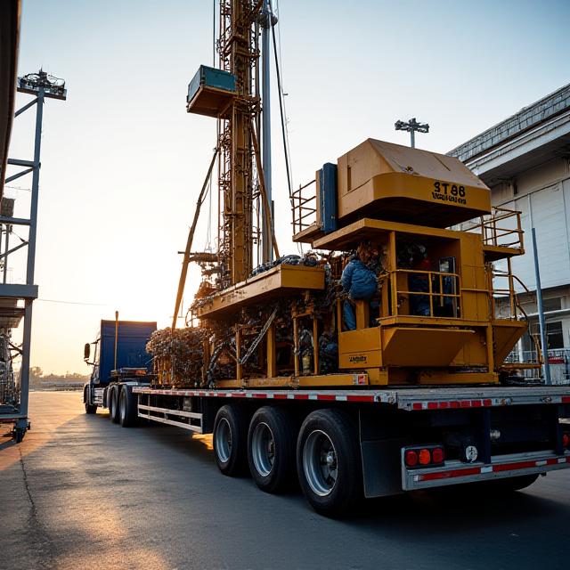 Oilfield equipment being loaded onto a heavy-duty transport trailer