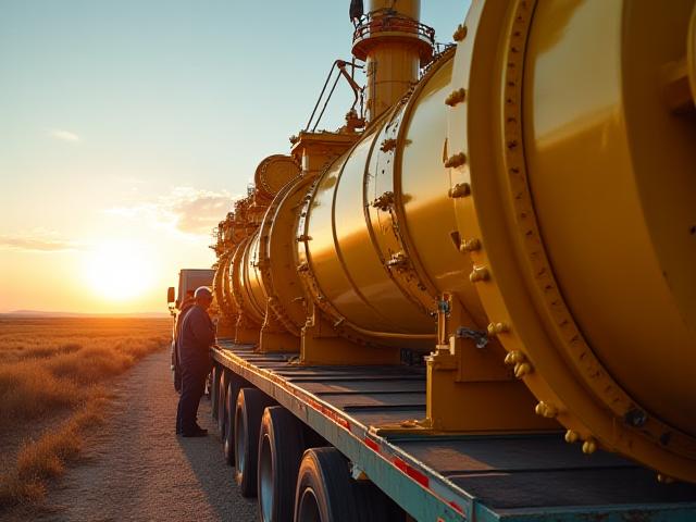 Heavy oilfield equipment being precision loaded onto a specialized transport trailer